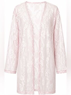Pink Sheer Lace Kimono Cardigan Coquette Cottagecore Ethereal Open Front Duster